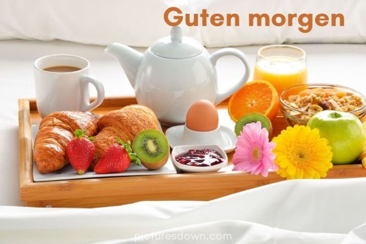 Guten morgen bild Frühstück mit Dessert im Bett kostenlos herunterladen online