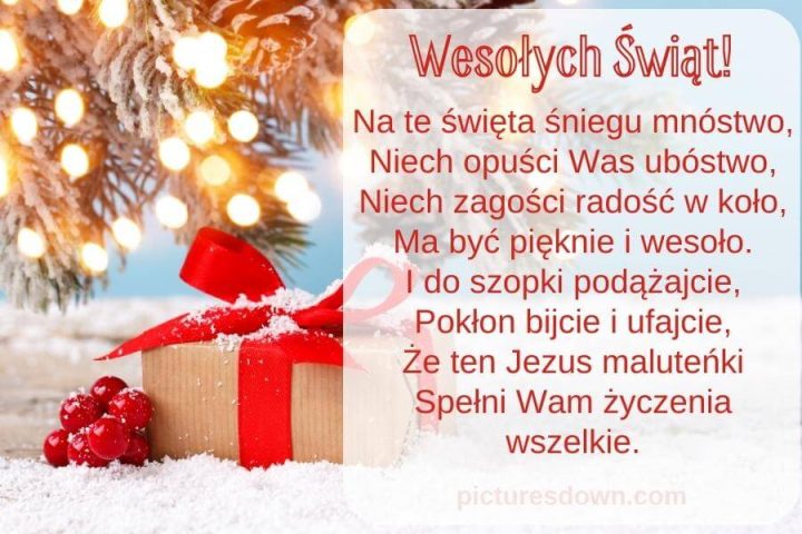 Kartka bożonarodzeniowe śnieg i prezent do pobrania za darmo