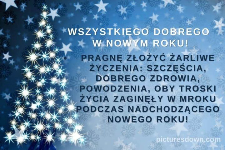 Zyczenia noworoczne kartka niebieska choinka do pobrania za darmo