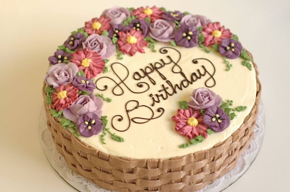 Happy birthday karte Kuchen mit Blumen kostenlos herunterladen