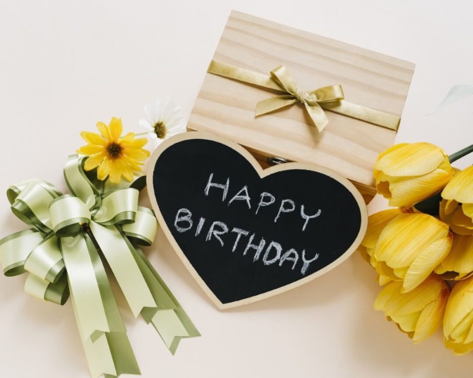 Happy birthday karte Geschenk und Tulpen kostenlos herunterladen