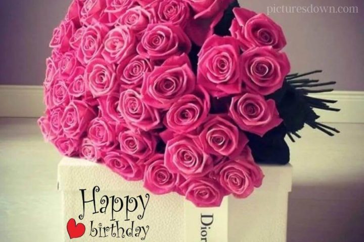 Bilder happy birthday ein Strauß Rosen und ein Geschenk kostenlos herunterladen