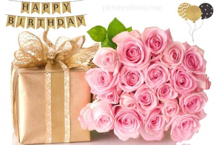 Bilder happy birthday blumen Rosenstrauß mit einem Geschenk kostenlos herunterladen