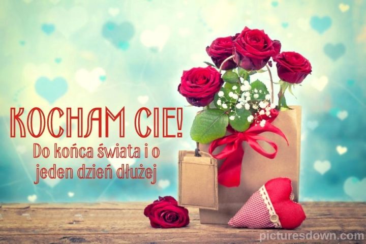 Kartka miłosne kocham cie z obrazem "róże i prezent" do pobrania za darmo