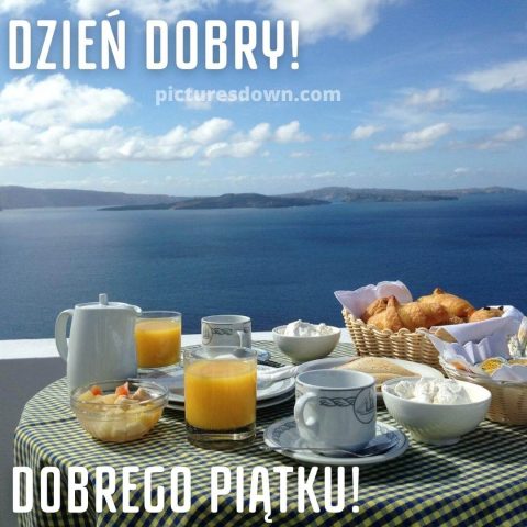 Kartka kawa na dzień dobry w piątek śniadanie nad morzem do pobrania za darmo