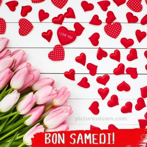 Bonjour samedi mon amour image tulipes et coeurs gratuite