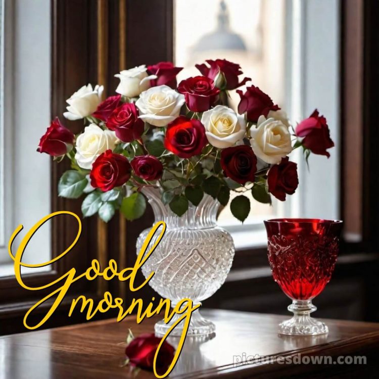 Good morning romantic rose picture roses in a vase free download