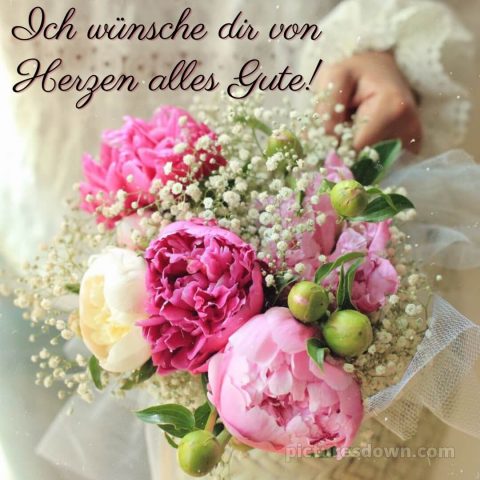 Das wünsche ich dir von Herzen bild Pfingstrosen in der Hand kostenlos