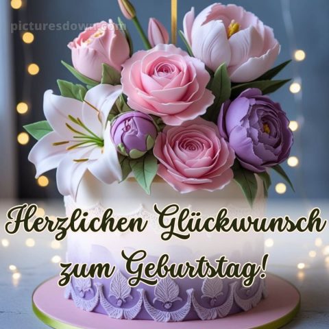 Alles gute zum geburtstag frau gif bild Torte und Blumen kostenlos